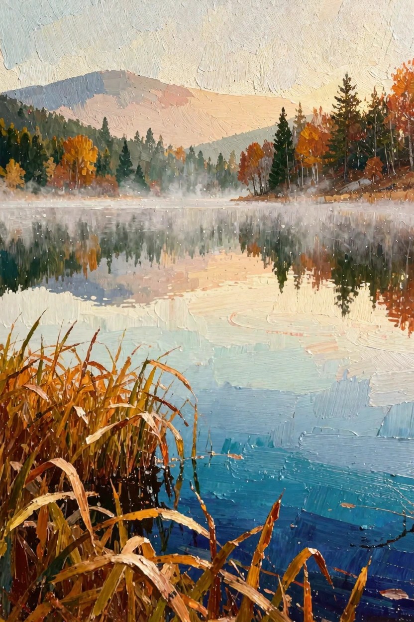 Oil painting of misty autumn lake reflecting colorful trees and mountains, with reeds in the foreground.