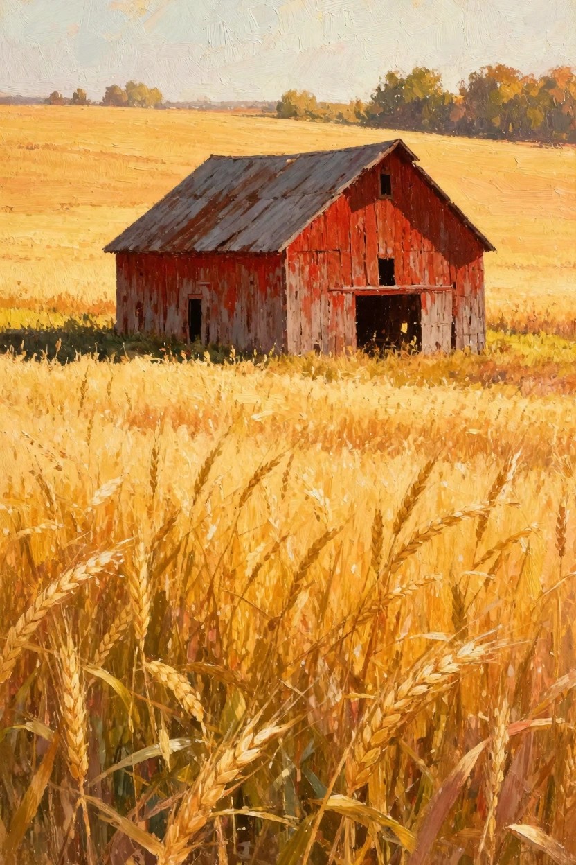Oil painting depicting a rustic red barn in a field of golden wheat under warm sunset light with distant trees.