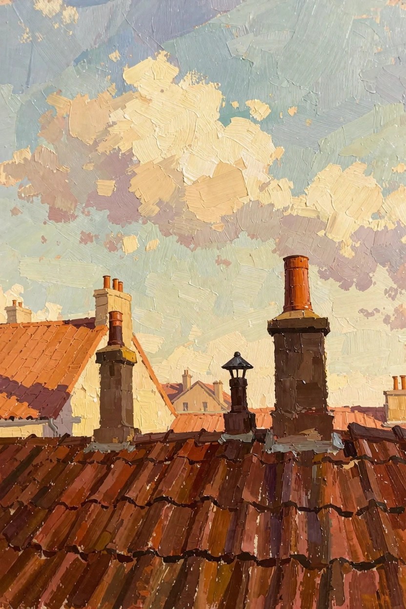 Oil painting of terracotta rooftops with brick chimneys, pots, a lantern, and cloudy sky viewed from above.