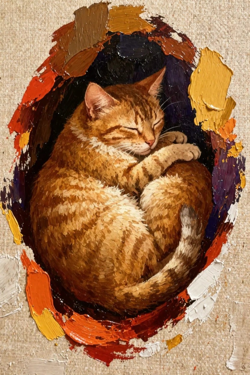 Oil painting of a sleeping orange tabby cat curled up inside an oval frame of thick, colorful impasto paint strokes on beige canvas.