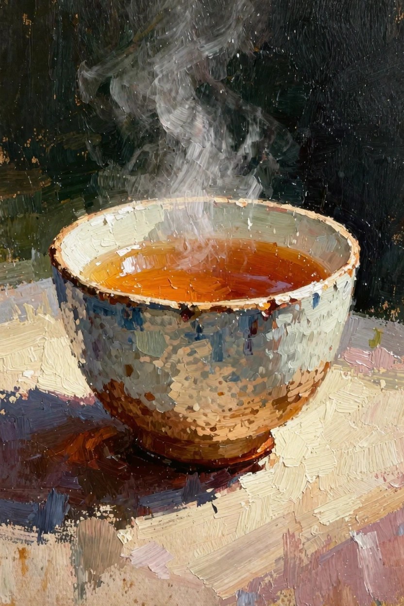 Oil painting of a textured ceramic bowl filled with steaming amber tea on a sunlit table against a dark background.