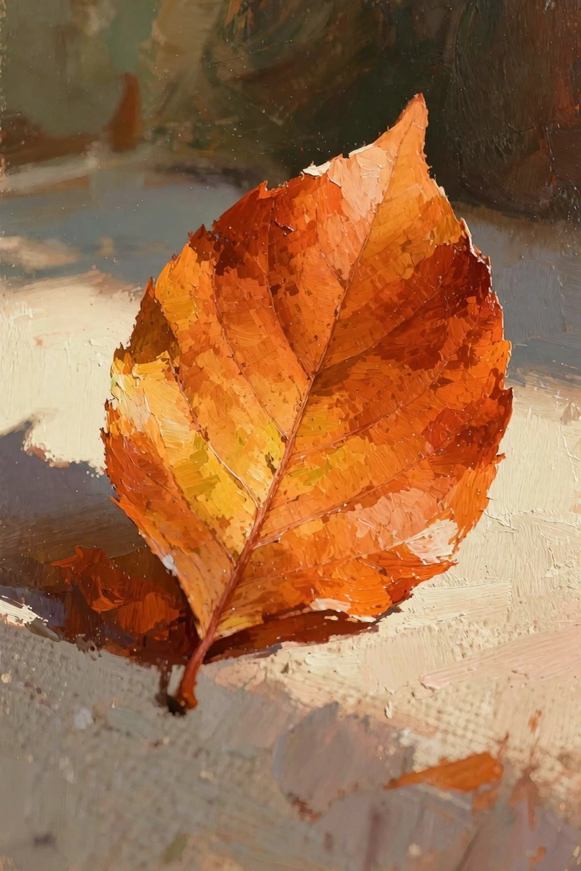 Oil painting of a single orange-yellow autumn leaf on beige sand with shadows and subtle background.