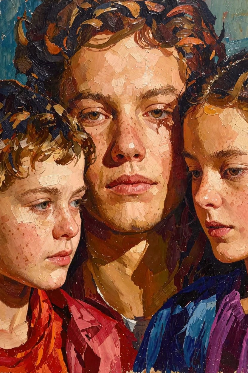 Close-up oil portrait of three freckled youths with curly hair and expressive eyes, rendered in thick textured brushstrokes.