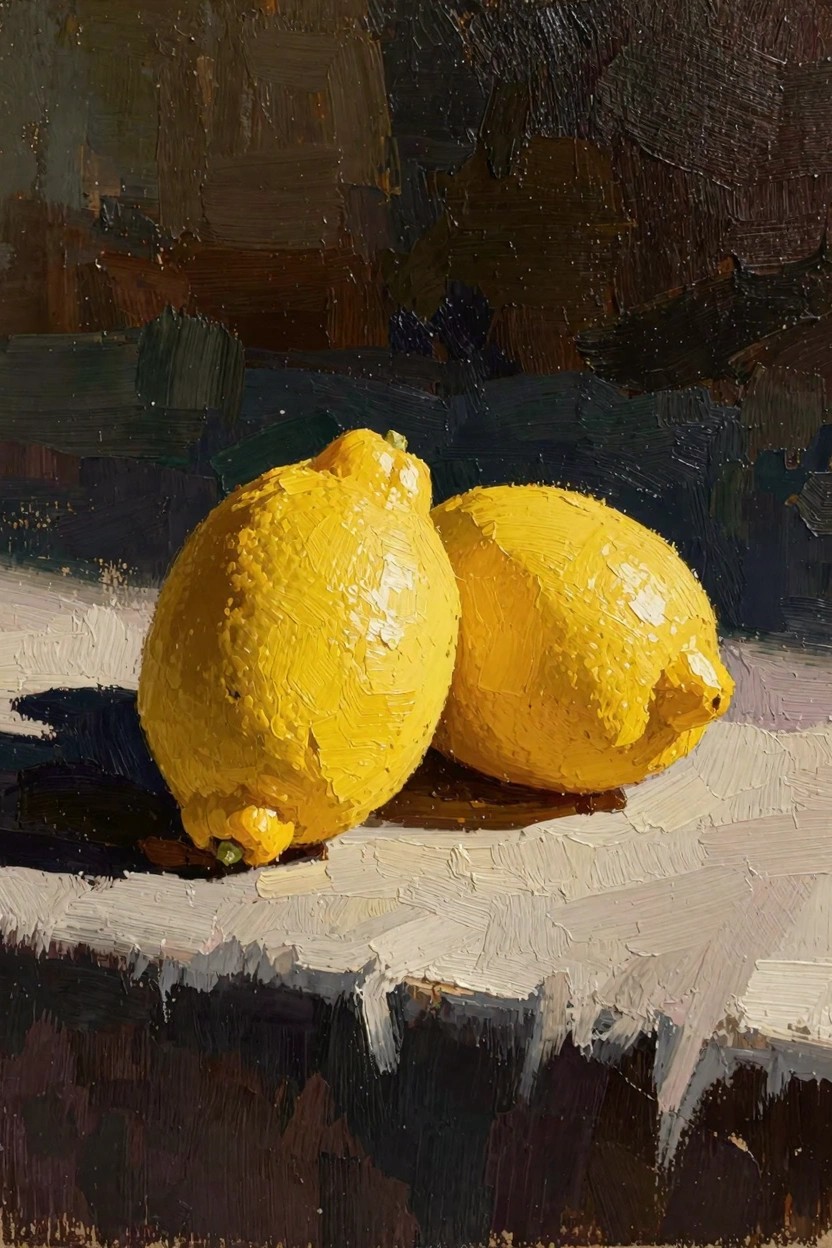 Oil painting of two textured yellow lemons on a light gray surface with a dark background and dramatic shadows.