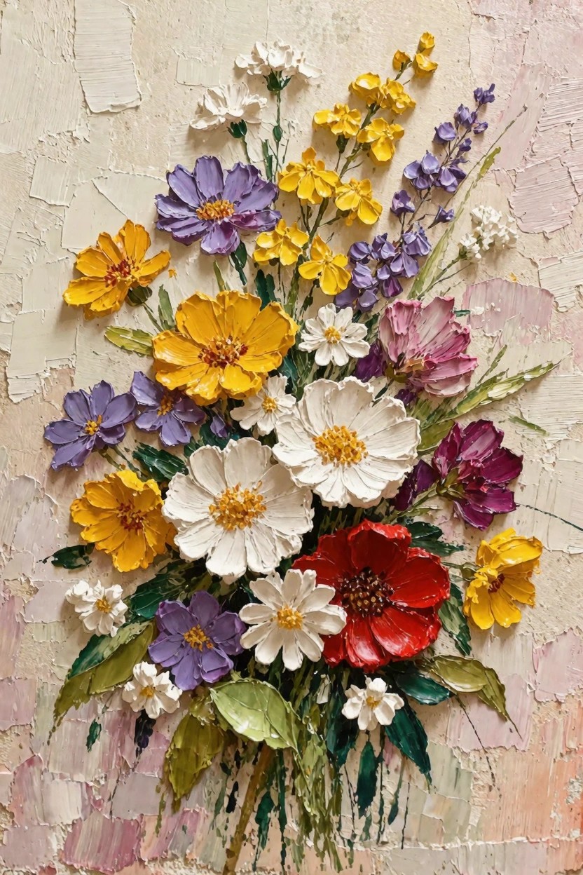 Oil painting of a textured bouquet with yellow, purple, white, pink, and red flowers using thick impasto on a light beige background.