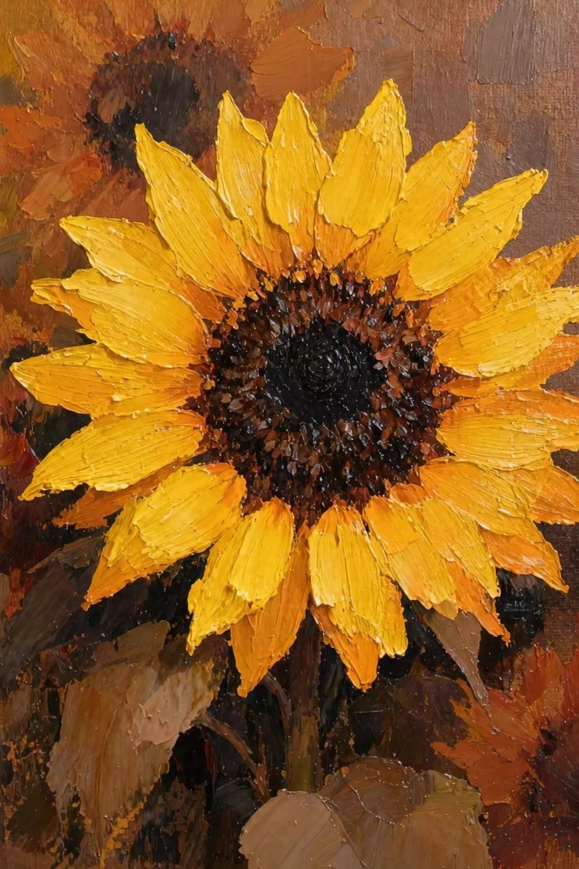 Oil painting close-up of a sunflower with thick textured yellow petals, dark center, stem, leaves, and warm brown background.