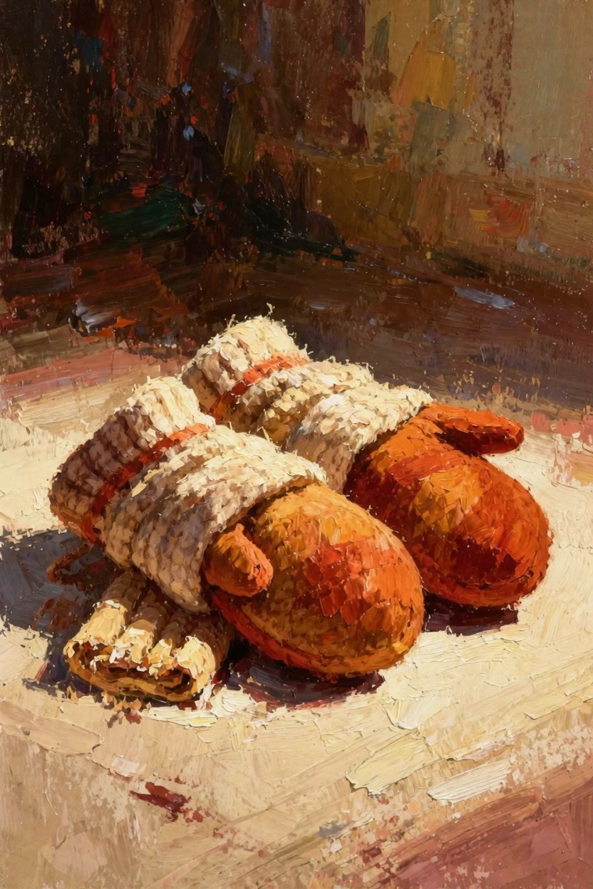 Oil painting of two knitted mittens in orange and cream wool lying on a pale surface with warm side lighting and textured brushwork.