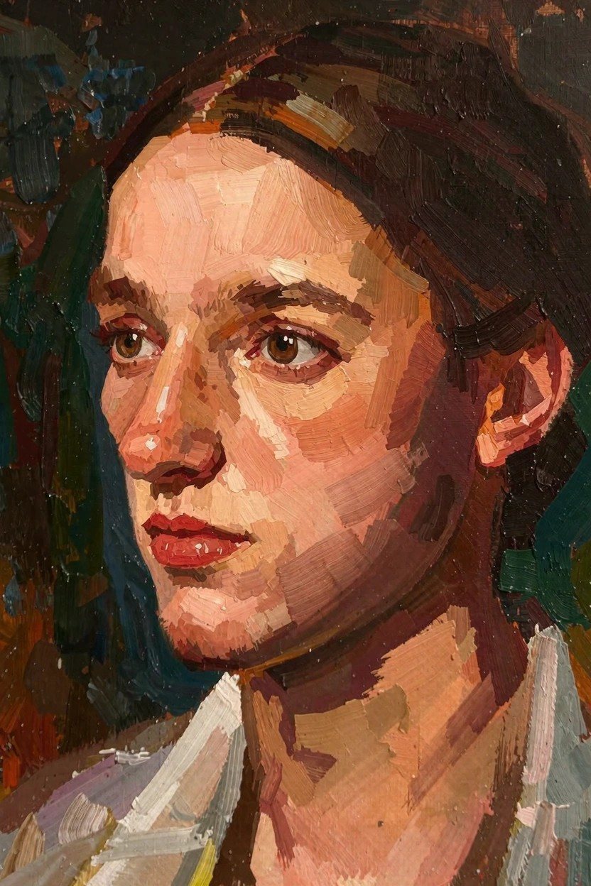 Oil painting of a young woman in three-quarter profile with brown hair, warm layered skin tones, thick brushstrokes, and dark background.