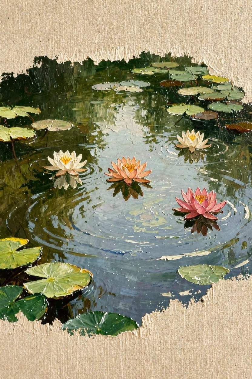 Oil painting of white, orange, and pink water lilies on green lily pads in a reflective pond, with textured beige canvas edges.