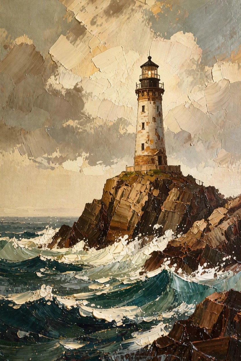 Oil painting of a lighthouse on rocky cliffs surrounded by crashing waves under a cloudy sky.