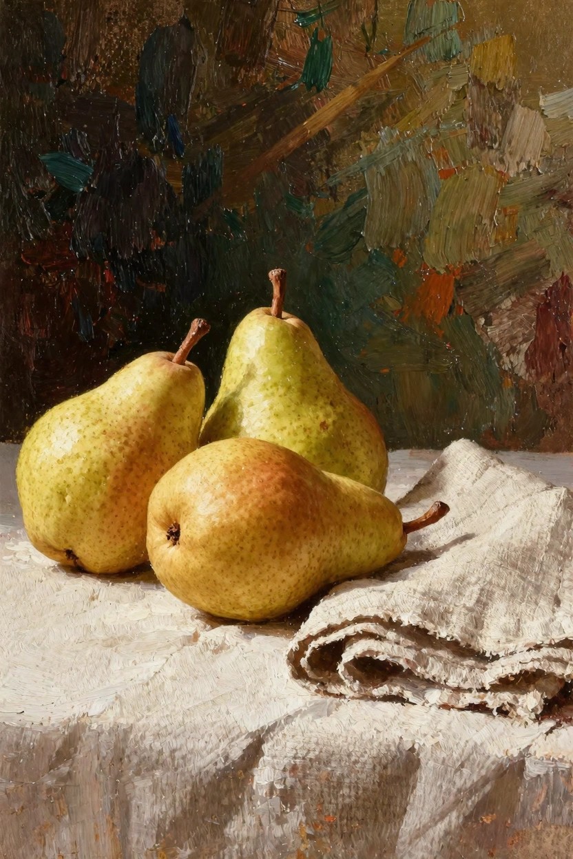 Oil painting of three textured yellowish-green pears arranged on white draped cloth against colorful abstract background.