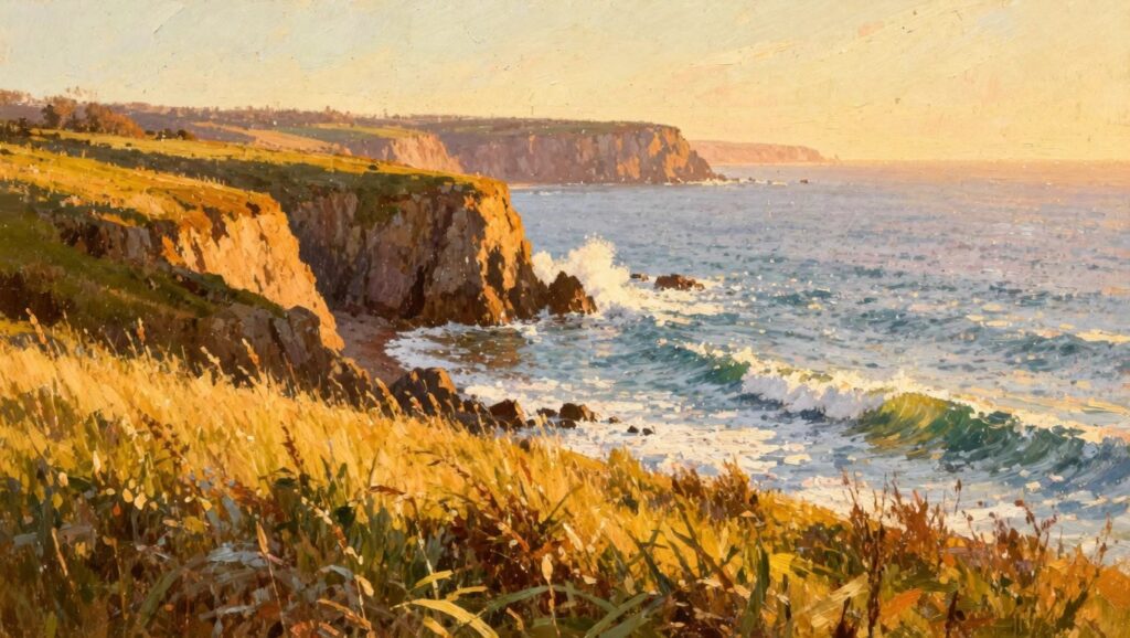 22 Stunning Oil Painting Ideas To Ignite Your Creative Spark Oil painting of orange cliffs with crashing waves, golden grasses in foreground, and sunset sky over ocean.