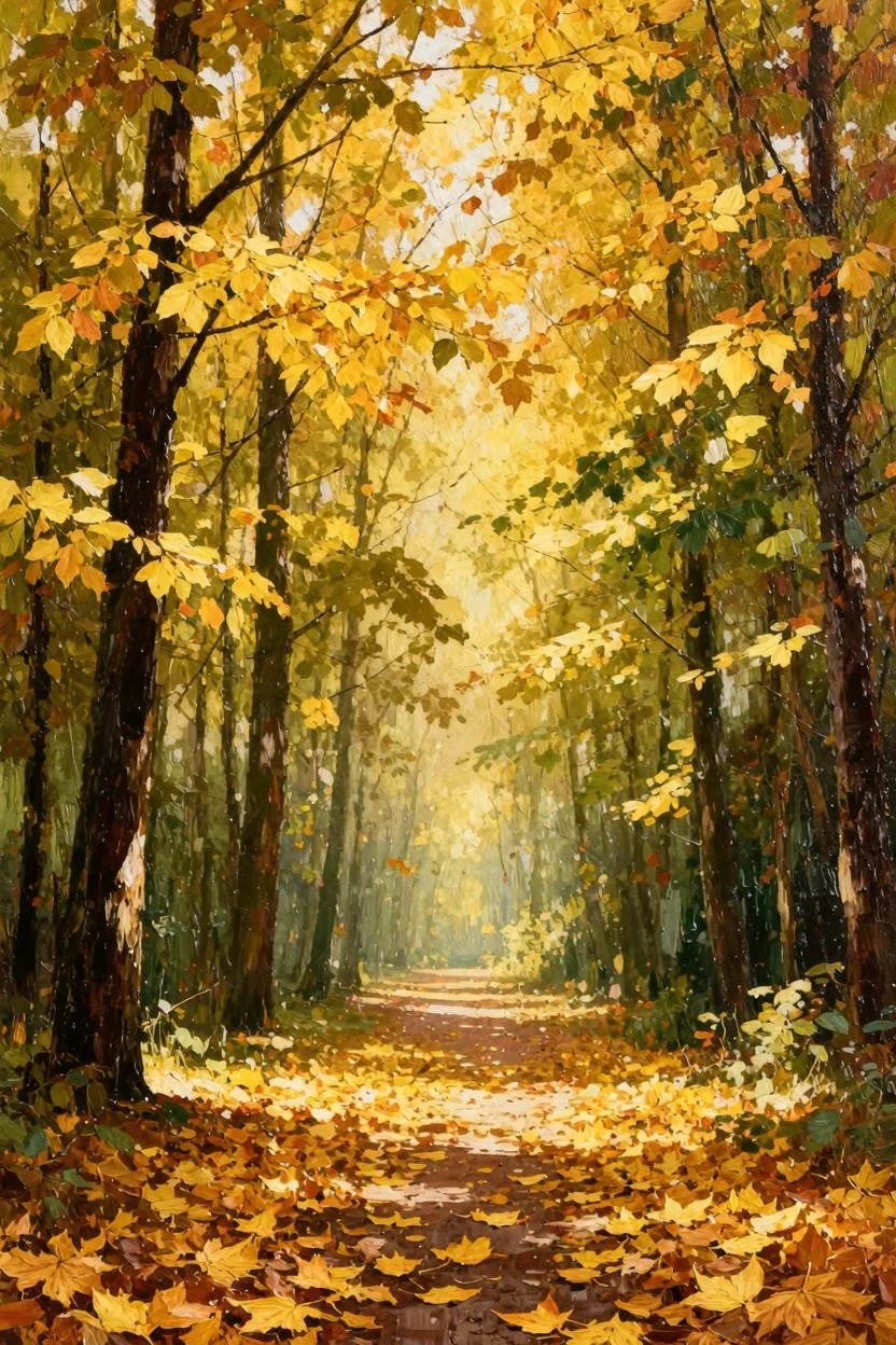 Oil painting of a sunlit path winding through an autumn forest with yellow leaves on trees and ground.