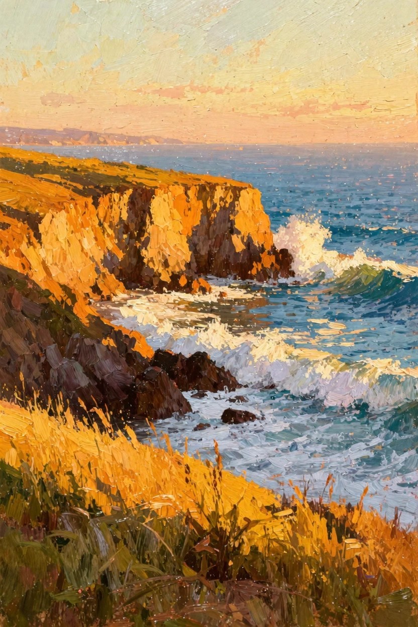 Oil painting of orange cliffs with crashing waves, golden grasses in foreground, and sunset sky over ocean.