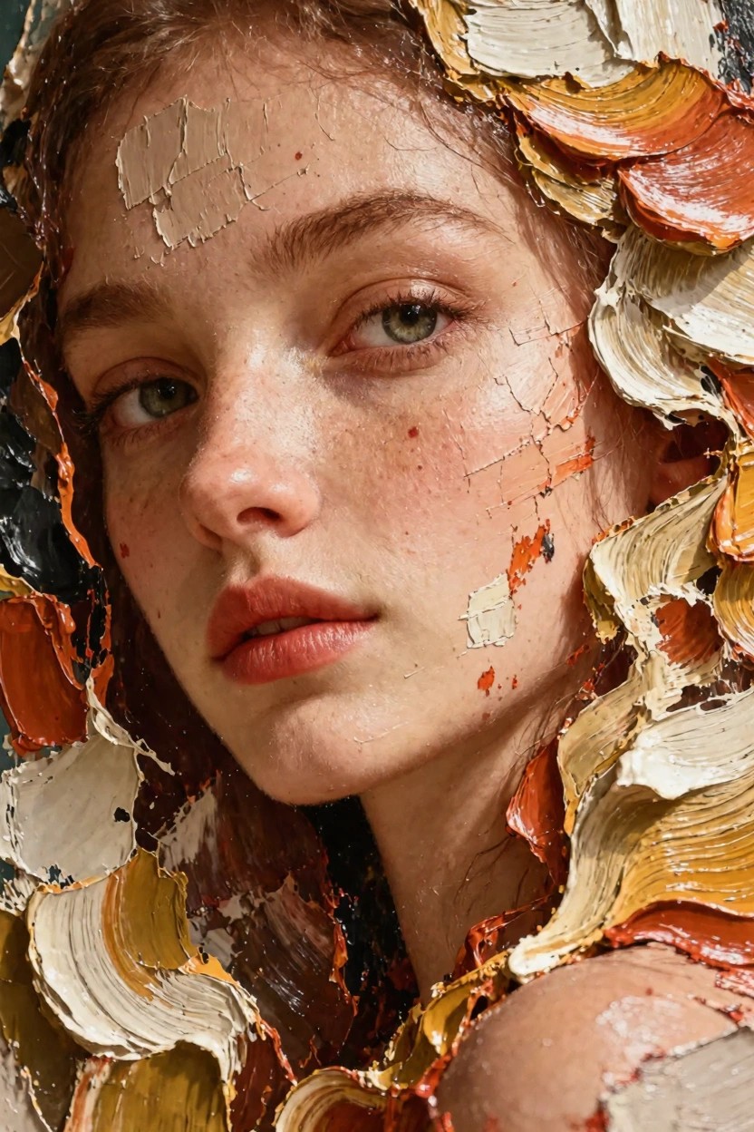 Close-up of a freckled young woman's face with green eyes and red lips framed and partially covered by thick globs of white, orange, yellow, and beige oil paint.