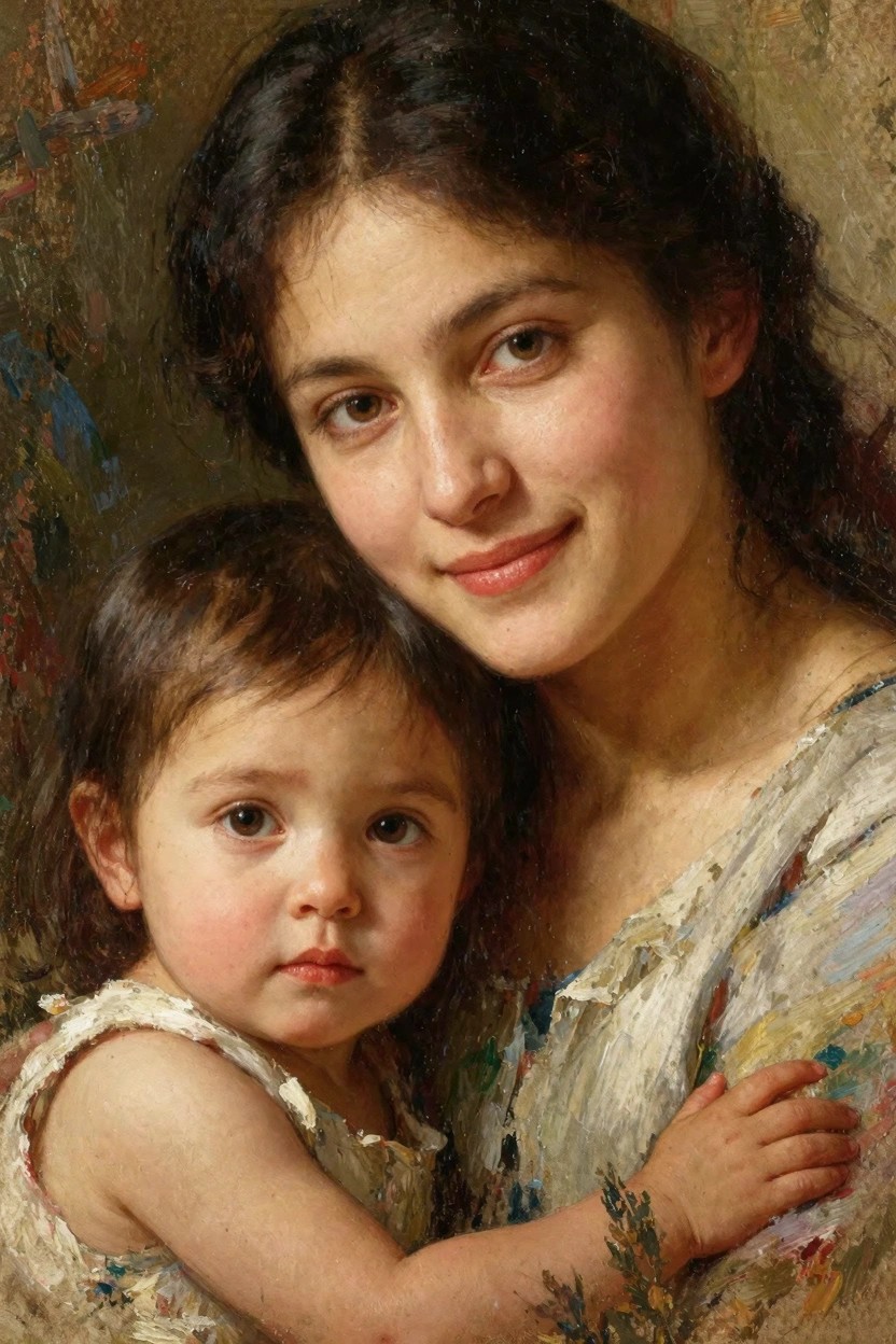 Oil painting of a dark-haired mother smiling softly while embracing her toddler daughter, both in white dresses with textured folds, set against a mottled green-brown background.
