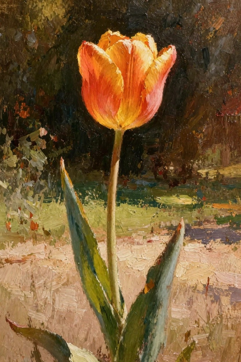 Oil painting of one orange tulip with green leaves rising from earthy ground against blurred dark green foliage and landscape.