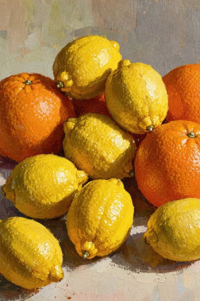 Oil painting of yellow lemons and oranges piled together on a neutral background with warm light and textured brushstrokes.