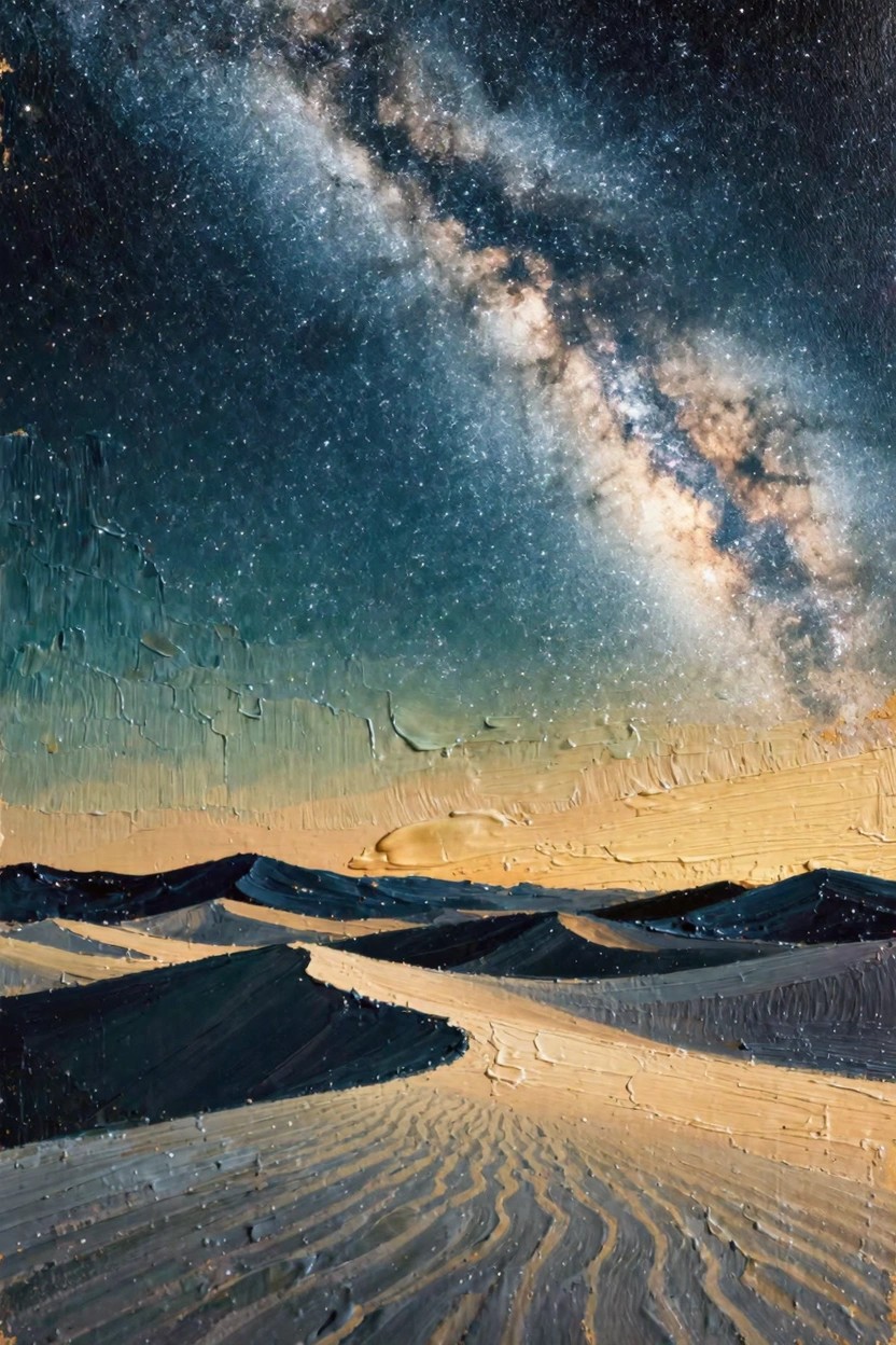 Oil painting of the Milky Way spanning a starry night sky above textured, rippling desert dunes with a blue-to-orange horizon gradient.
