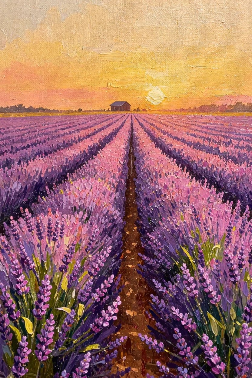 Oil painting of rows of purple lavender fields along a dirt path leading to a distant barn at sunset under an orange sky.