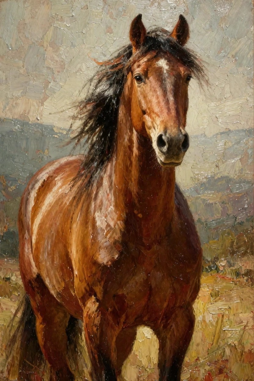 Oil painting of a bay horse with black mane and tail standing in a field against distant gray mountains.
