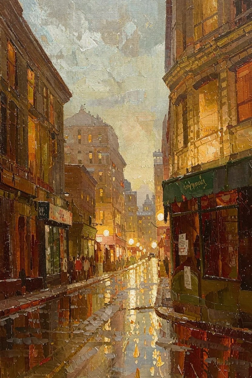 Oil painting of a narrow rainy city alley at dusk with warm lights from buildings and lamps reflecting in street puddles.