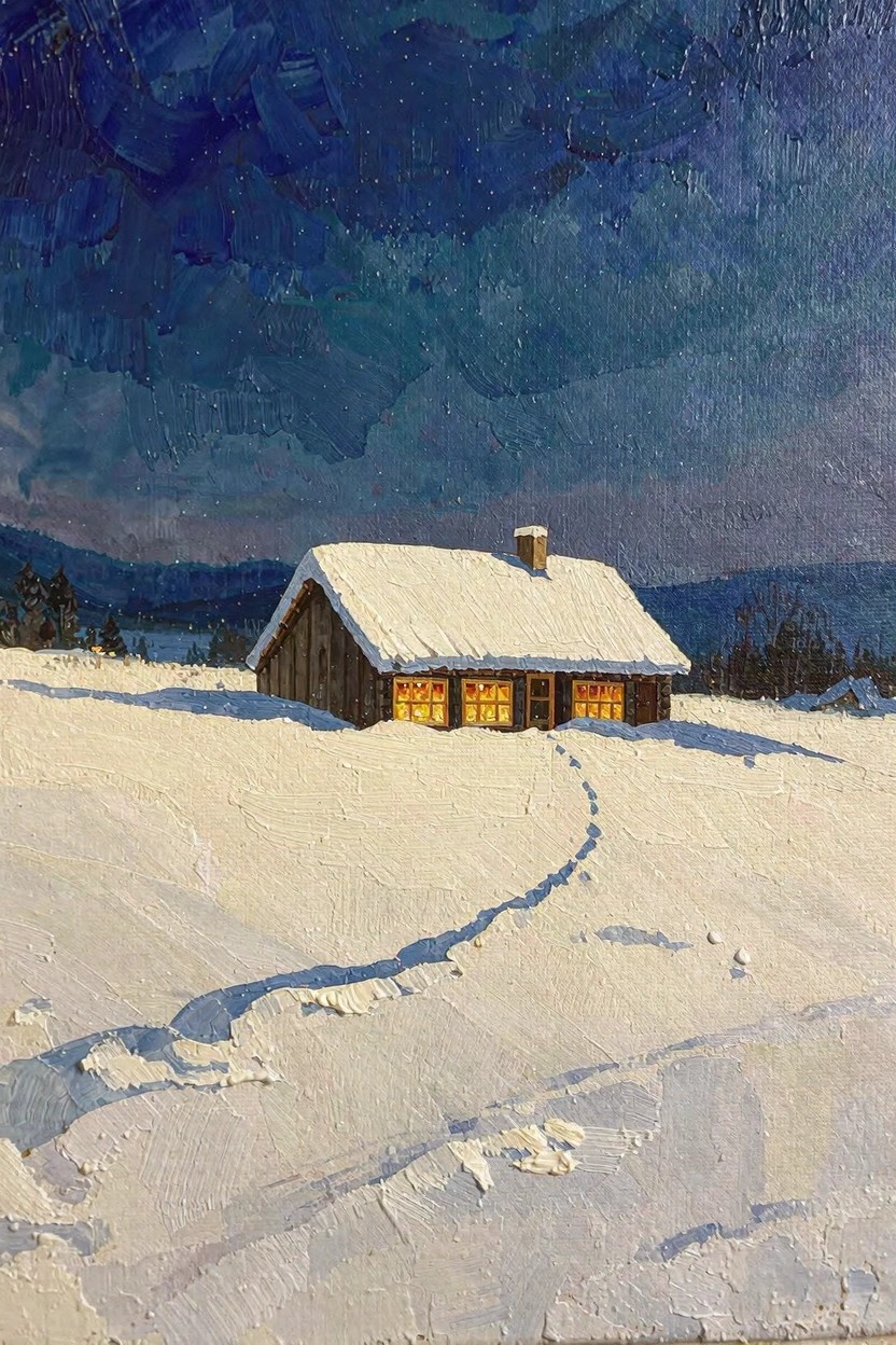 Oil painting of a snow-covered wooden cabin with yellow glowing windows, a snowy path leading to it, under a dark blue starry sky with distant trees.