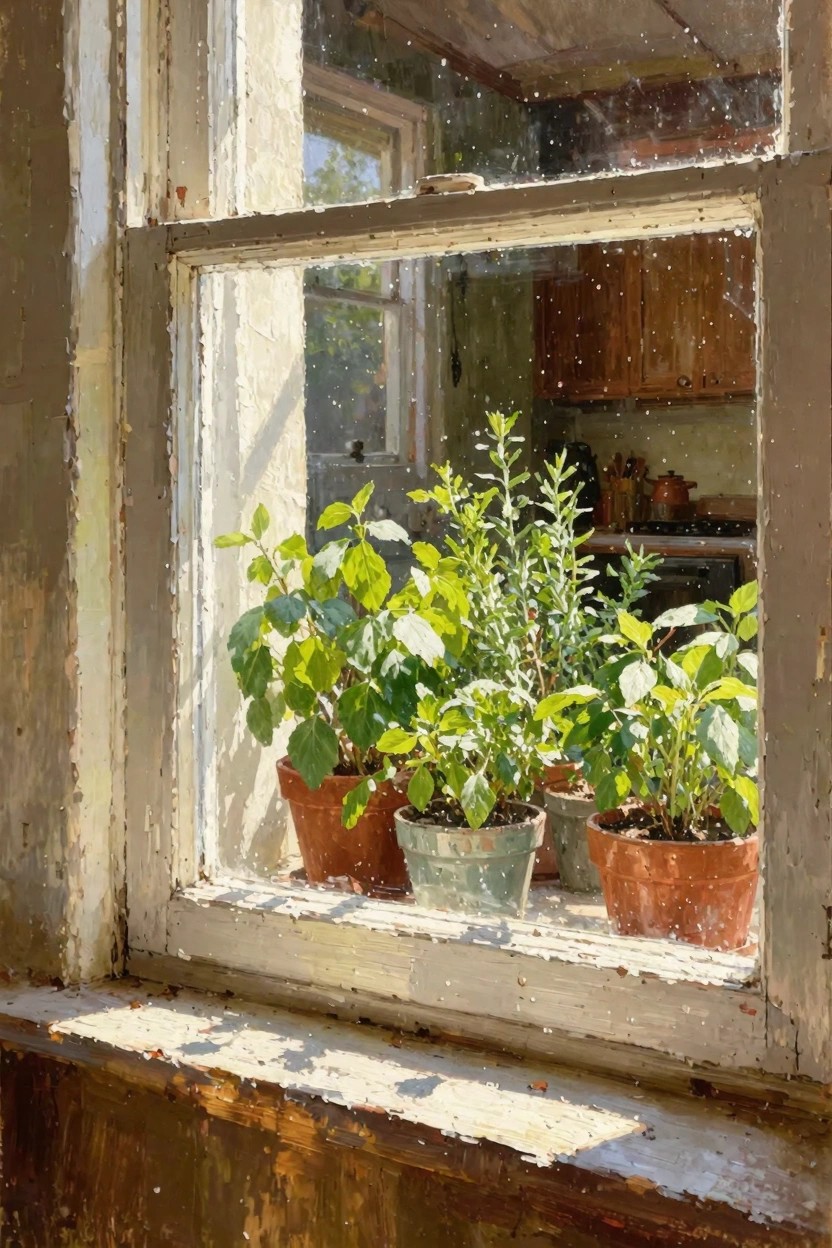 Oil painting of multiple potted green herbs on a sunlit weathered windowsill looking into a rustic green kitchen.