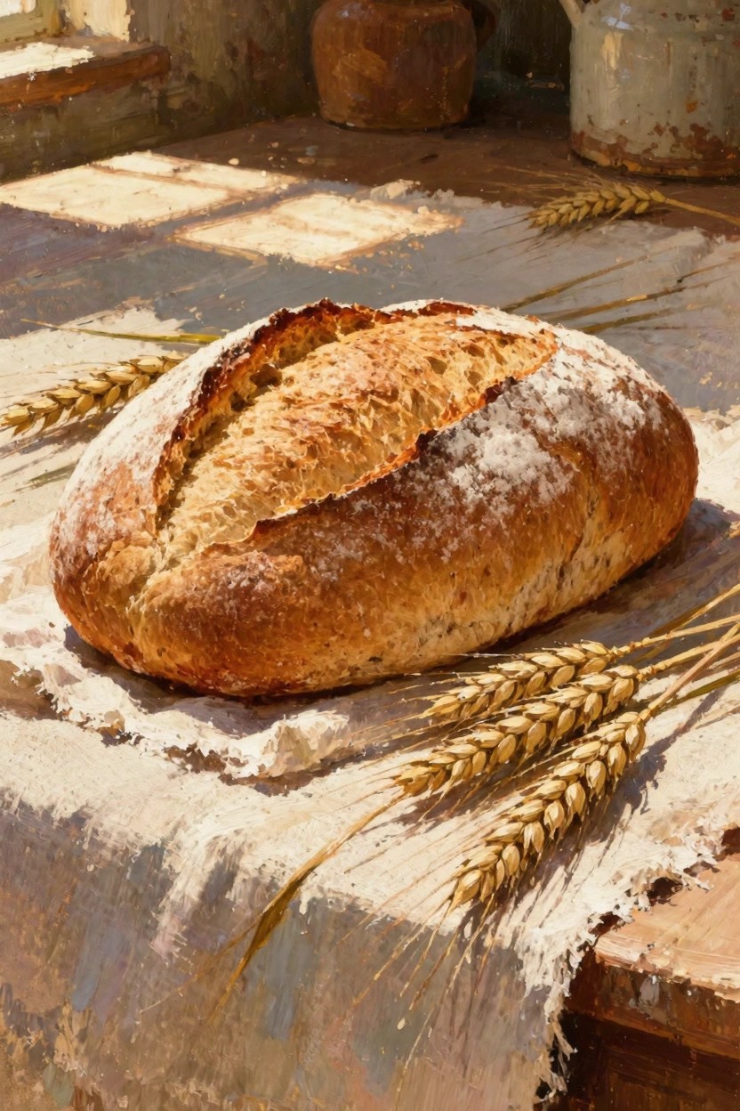 Detailed oil painting of a flour-dusted rustic bread loaf on linen cloth with wheat stalks on a sunlit wooden table near rustic pottery.