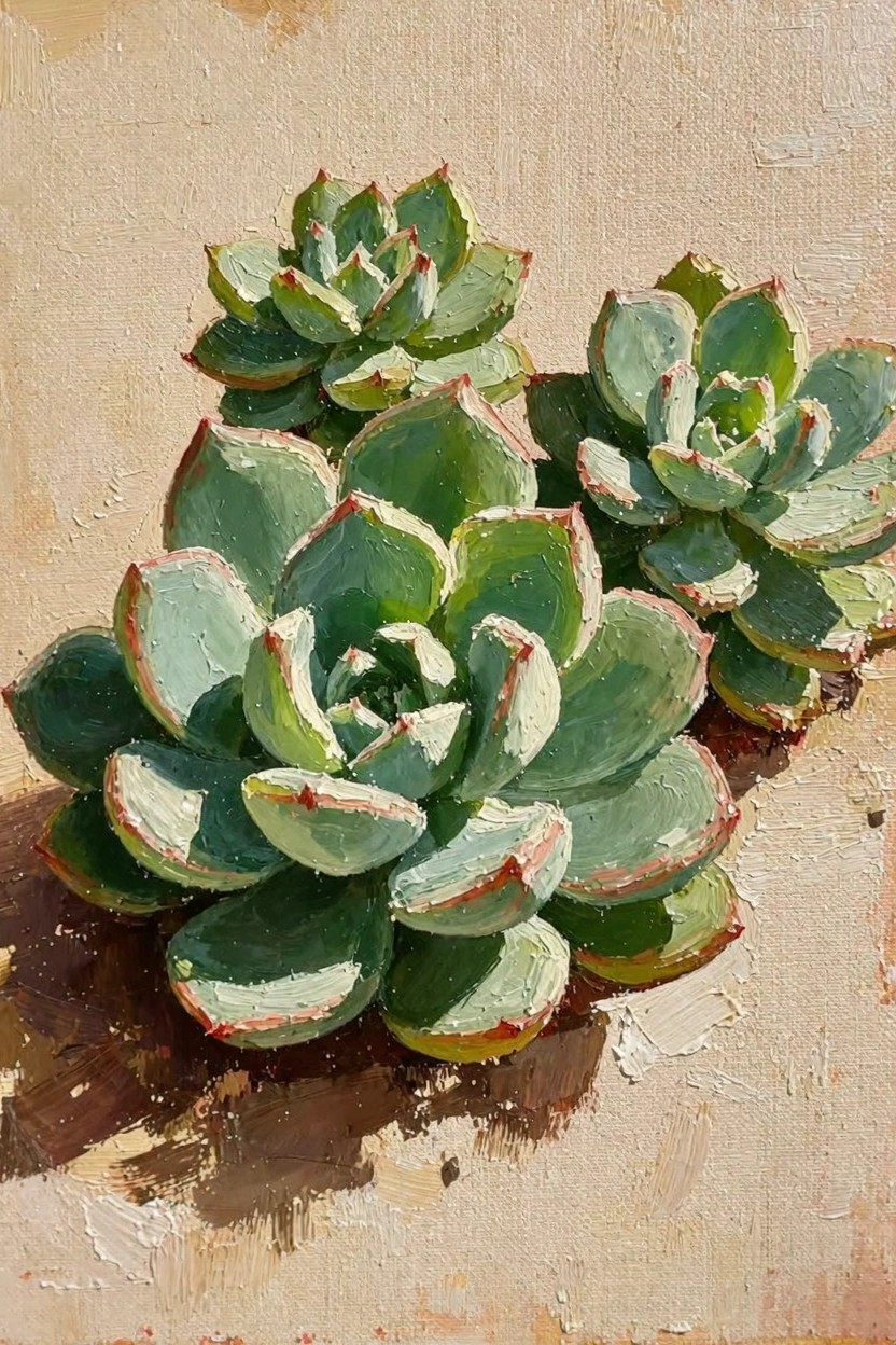 Oil painting of three clustered green rosette succulents with red leaf edges on a textured beige background under warm light.