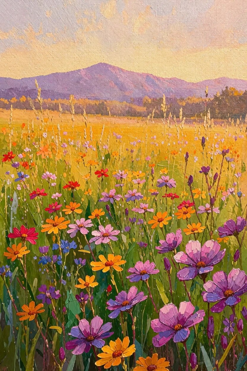 Oil painting of a colorful wildflower field with yellow grasses, red orange pink purple flowers, distant purple mountains, and golden sunset sky.