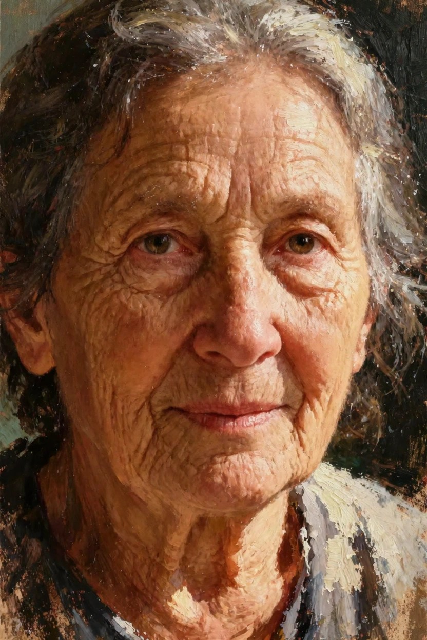 Close-up oil painting portrait of an elderly woman with gray hair, wrinkled skin, and direct gaze.