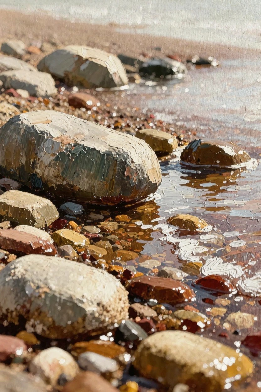 Oil painting close-up of textured gray and colorful rocks on a pebbly beach with shallow reflective water in warm light.