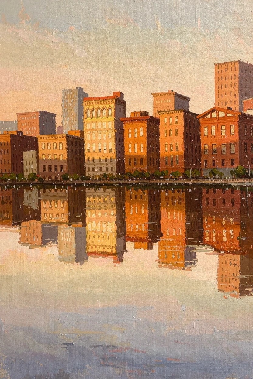 Oil painting of brick city buildings and their reflections in calm water at sunset with warm golden light.