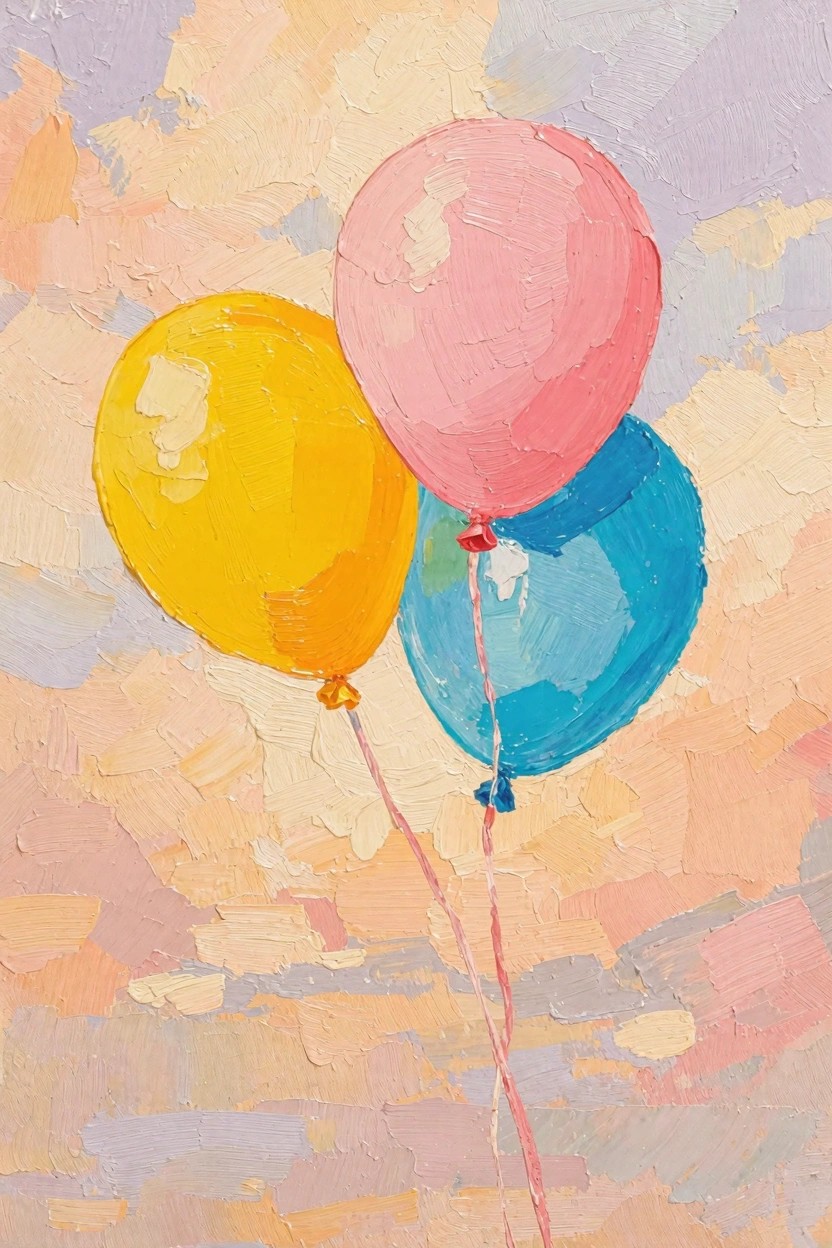 Oil painting of yellow, pink, and blue balloons clustered and floating with strings against a textured orange-pink-purple sunset sky.