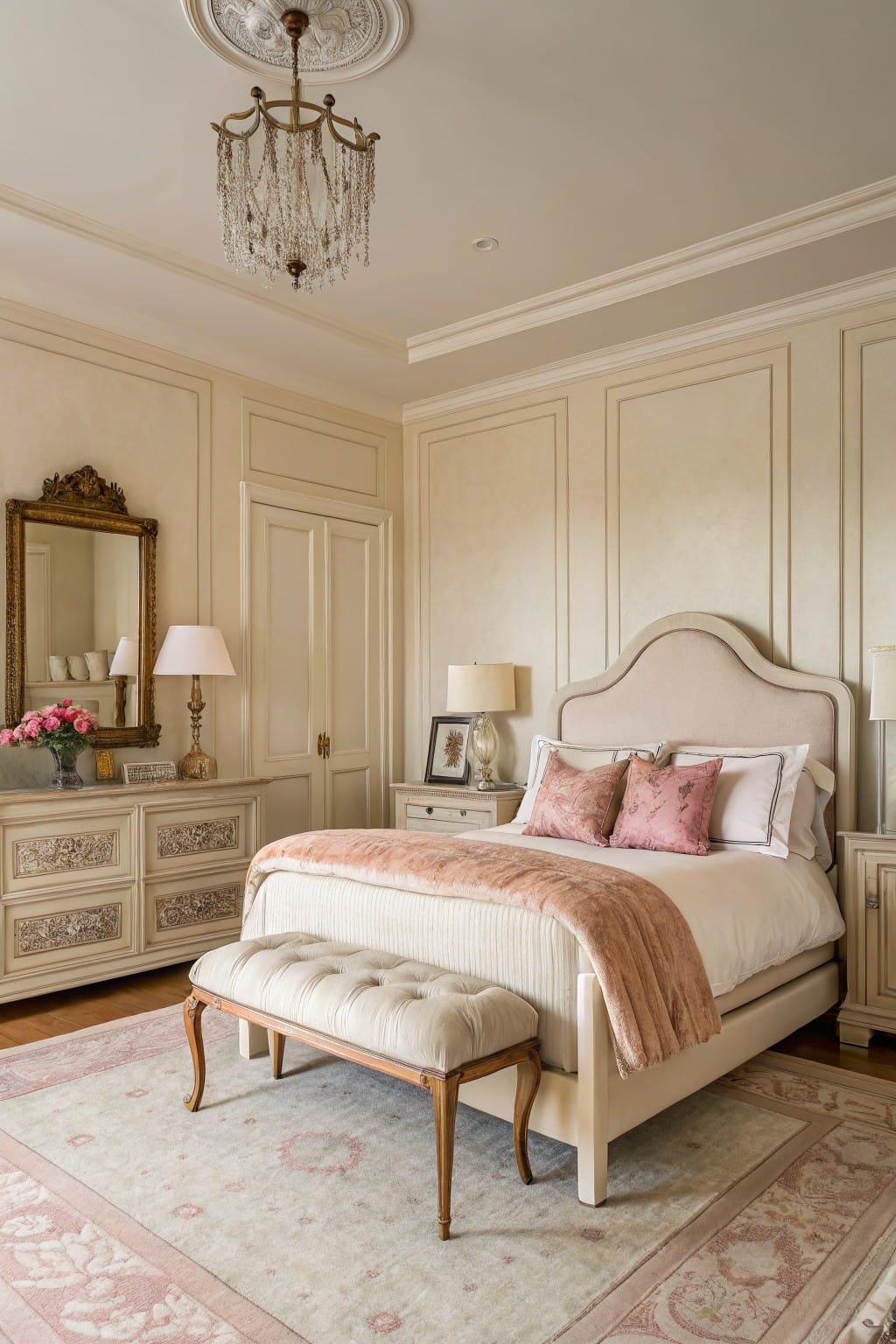 Bedroom with creamy beige paneled walls, upholstered bed draped in blush throw, antique dresser, and crystal chandelier
