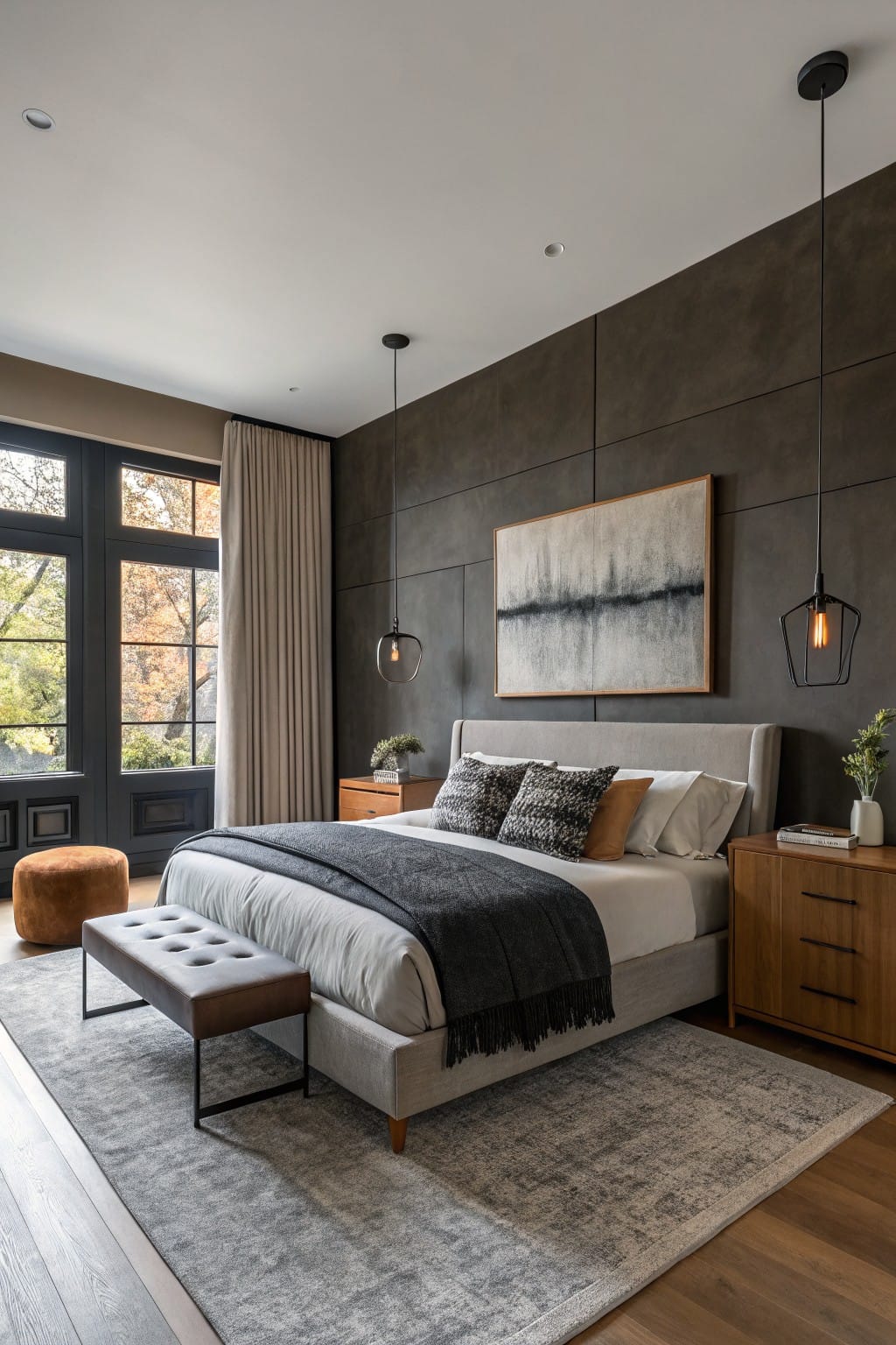 Bedroom with dark warm gray textured accent wall behind upholstered bed, wood nightstands, pendant lights, and large windows