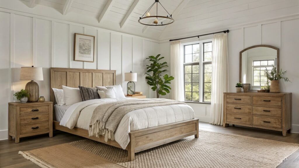 Bedroom with soft white shiplap walls, rattan headboard, neutral linens, wood floors, and French doors to trees