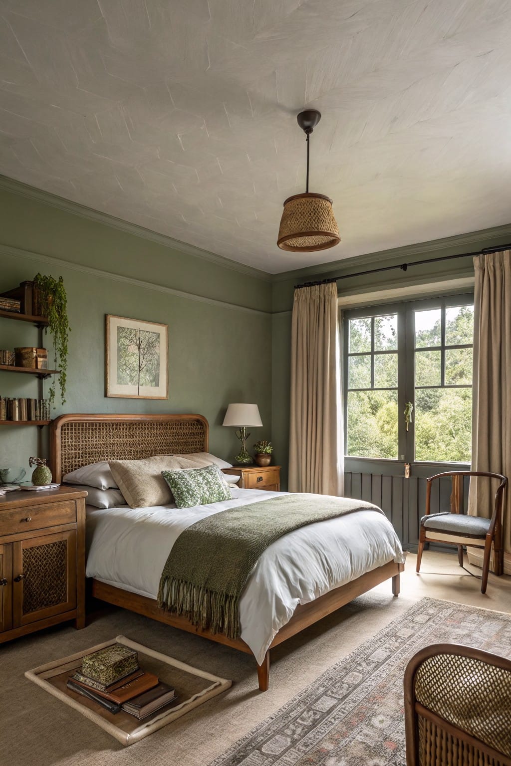 Cozy bedroom featuring soft sage green walls, rattan bed frame with white bedding and green throw, wooden nightstand, potted plants, and large windows with cream curtains overlooking trees