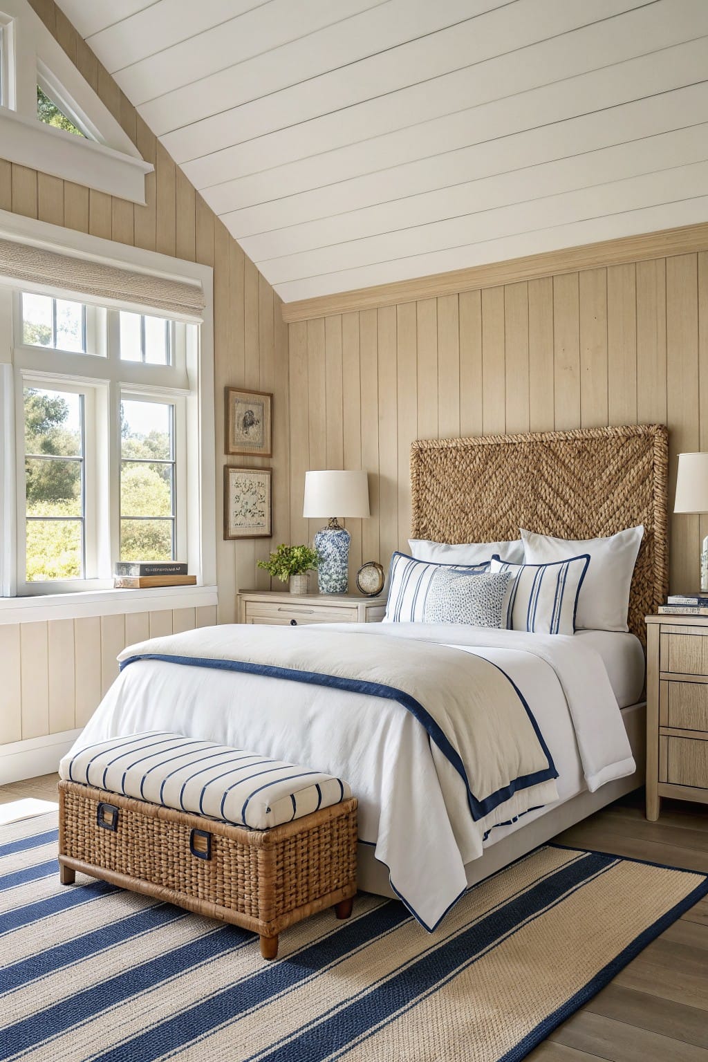 Cozy bedroom featuring soft beige paneled walls, woven rattan headboard, crisp white bedding with navy piping, and a striped seagrass rug
