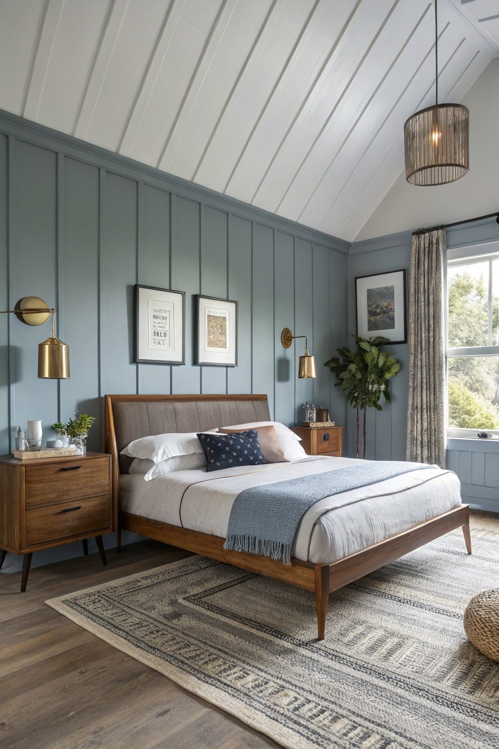 Bedroom featuring soft blue-gray board-and-batten walls, warm wood mid-century bed frame, brass wall sconces, potted plant by window, and neutral rug on hardwood floor