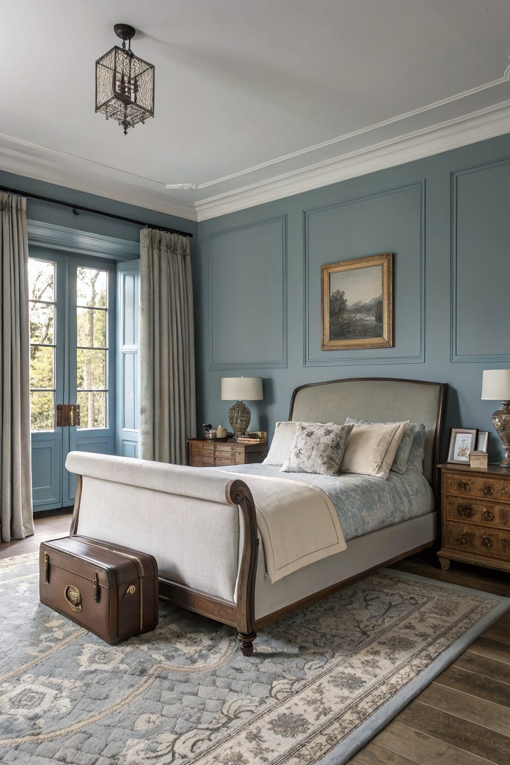 Bedroom with soft blue-gray paneled walls, white sleigh bed, wood furniture, and large windows overlooking trees