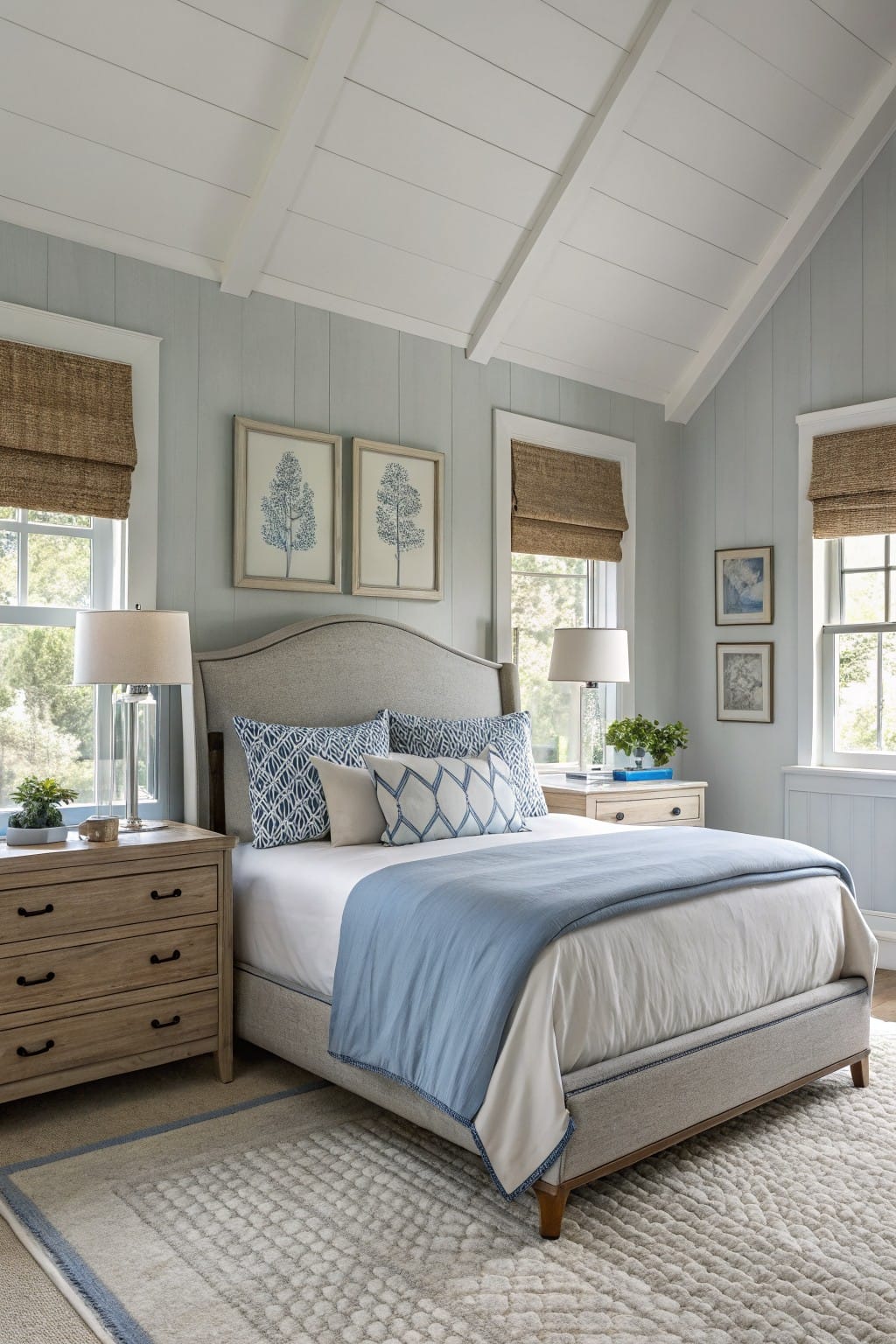 Cozy bedroom featuring pale blue-gray shiplap walls, white beamed ceiling, gray upholstered bed with blue bedding, wood nightstands, and woven shades on windows
