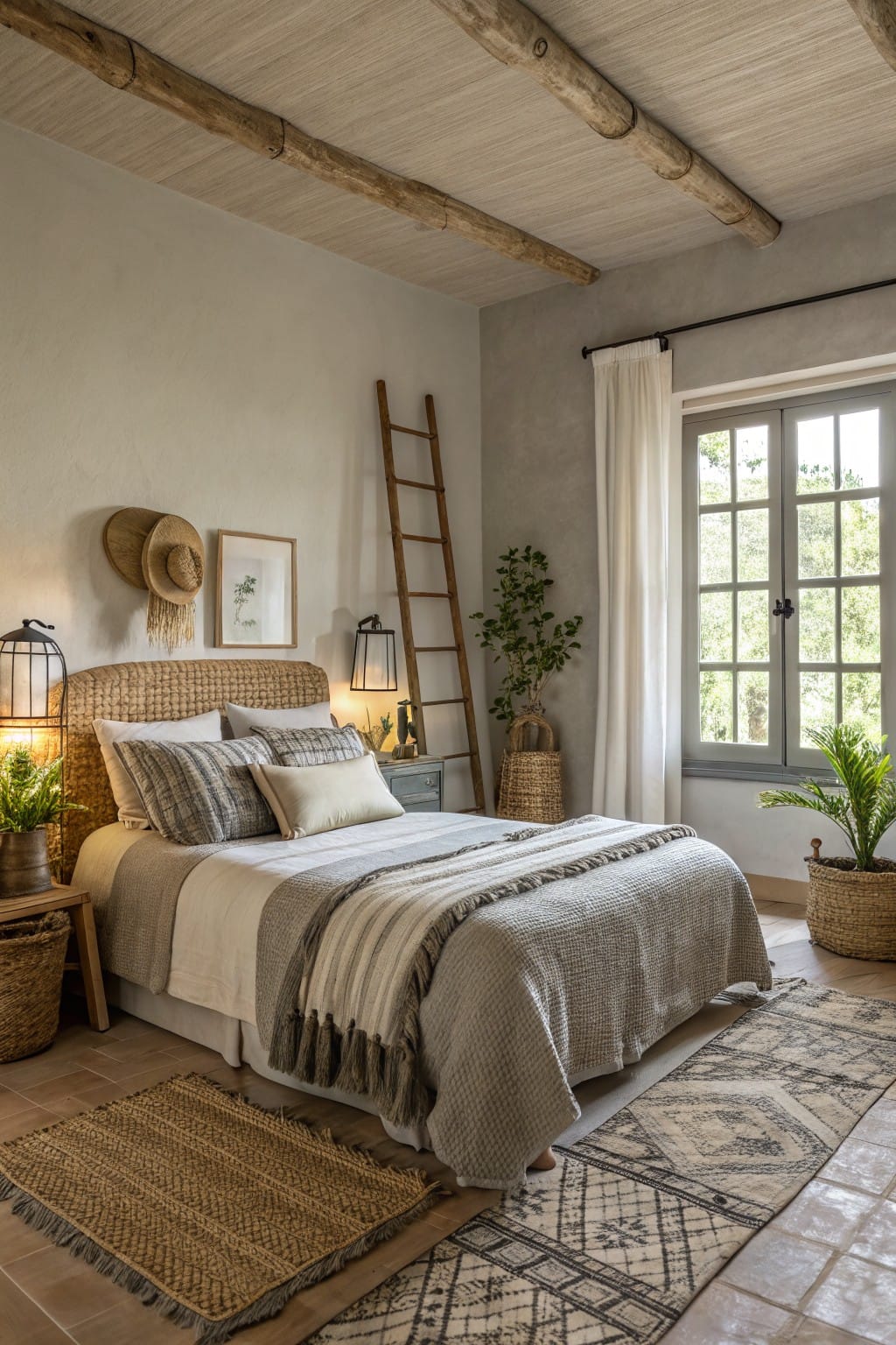 Cozy bedroom with soft greige walls, rattan headboard, layered neutral bedding, wood ladder, potted plants, and large window with white curtains