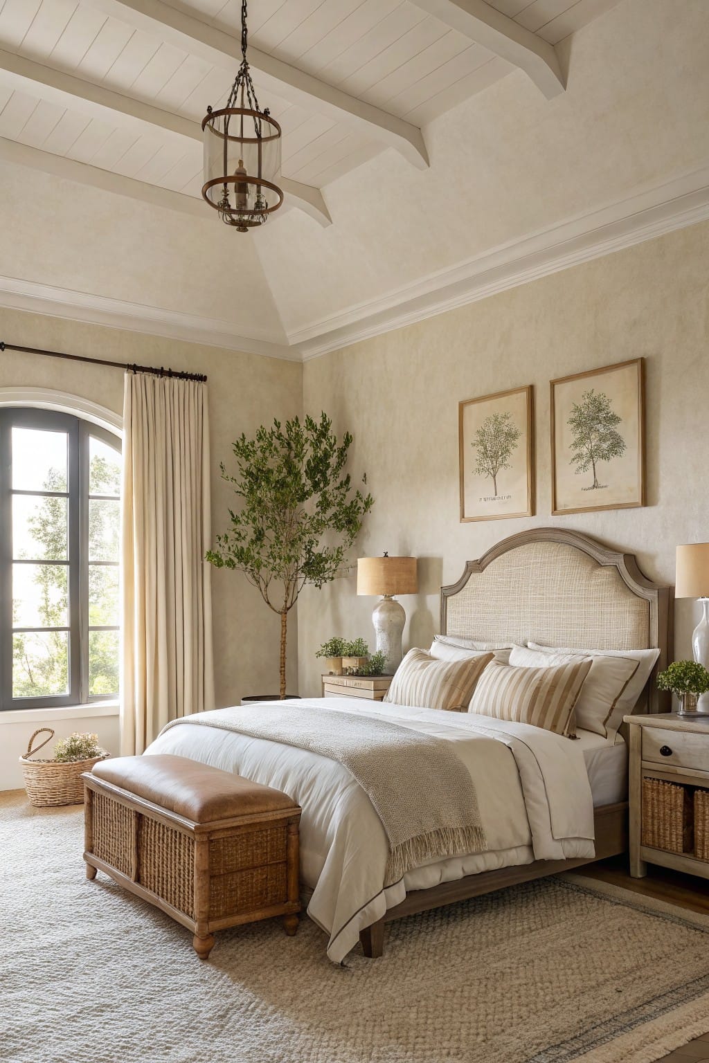Cozy bedroom featuring soft greige walls, whitewashed wood beams, king bed with neutral linens, potted tree, and arched window with cream drapes