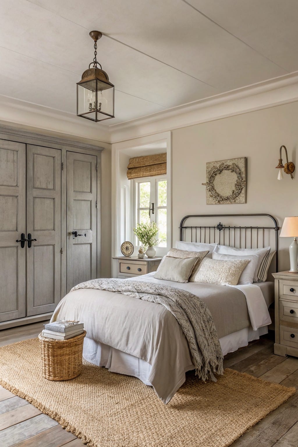 Bedroom with soft greige walls, painted wardrobe, iron bed with neutral linens, wood floors, and seagrass rug