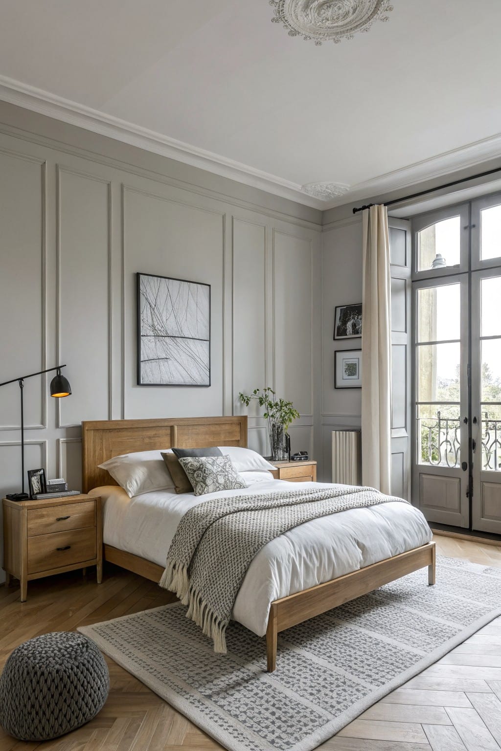 Cozy bedroom with soft greige paneled walls, oak bed draped in white linens and gray throw, beside French doors and wood floors