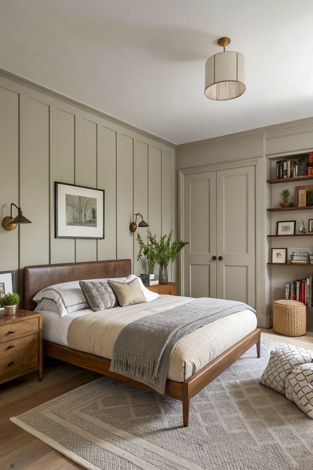 Cozy bedroom featuring soft greige paneled walls beside a wood bed frame and warm neutral furnishings
