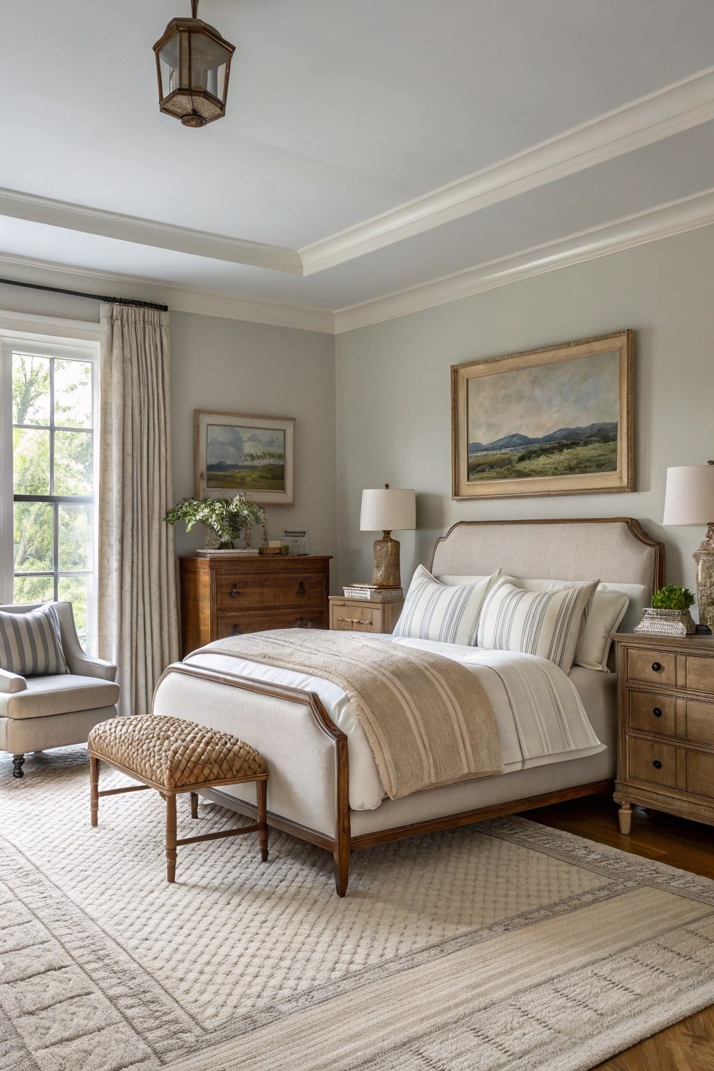 Bedroom with pale gray-green walls, wooden bed frame and dressers, upholstered headboard, large window with curtains, and neutral rug
