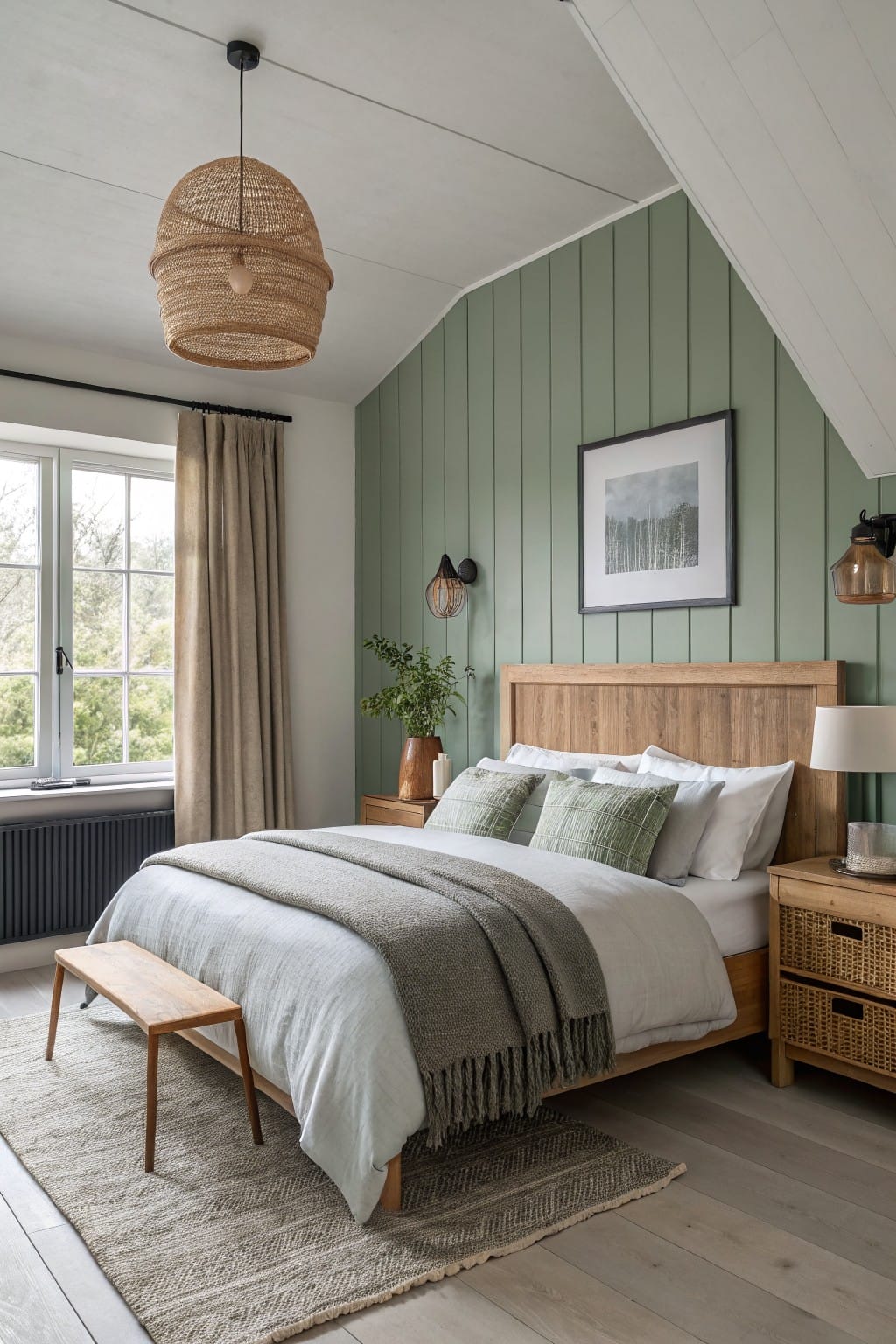Bedroom featuring soft sage green vertical paneled accent wall, wooden bed with neutral linens, and rattan pendant light